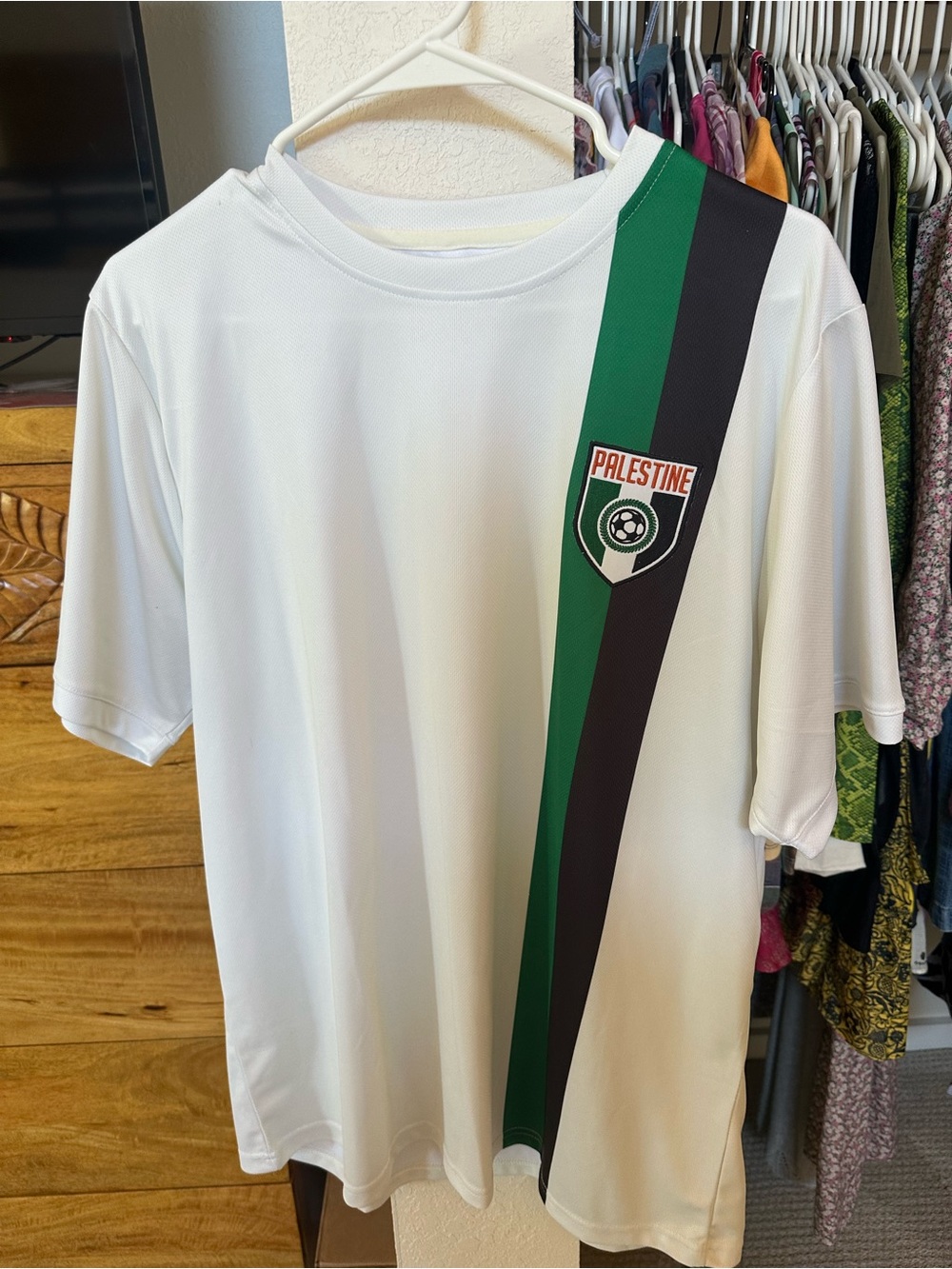 Palestine White Soccer Jersey with Green & Black Diagonal Stripe
